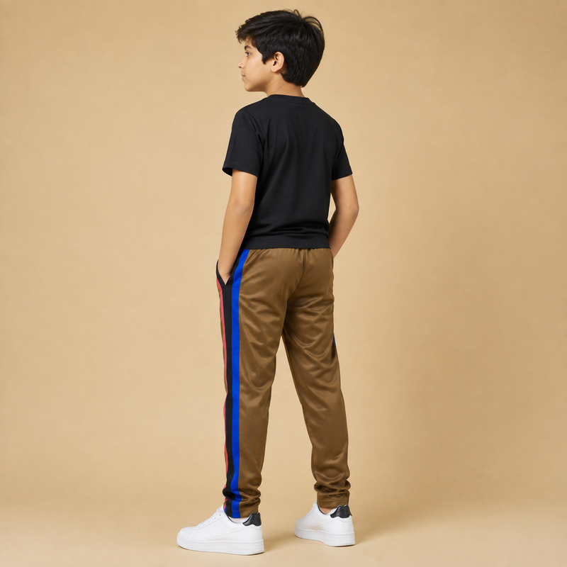 Title Kids Premium Brown Track Pants with Royal Blue Side Stripe p1