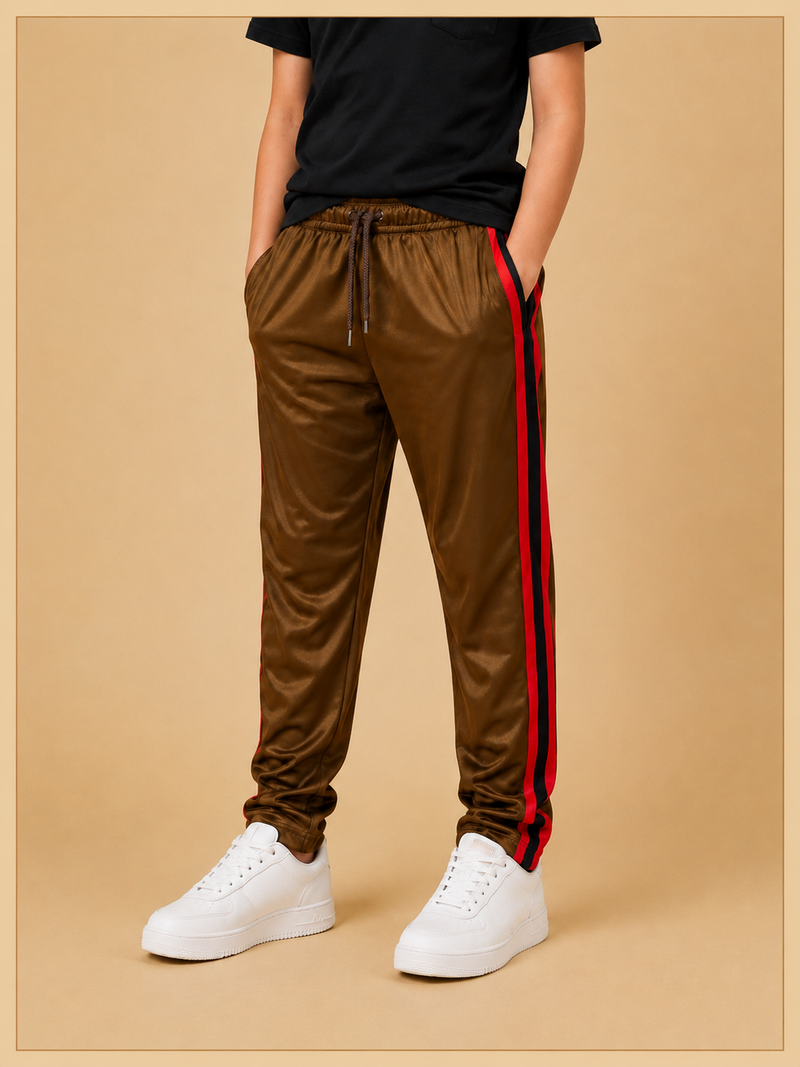 Title Kids Premium Brown Track Pants with Royal Blue Side Stripe p1