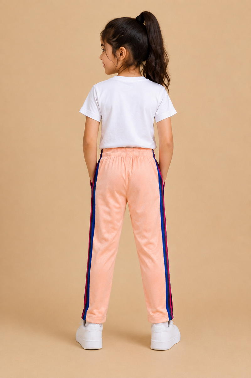 Premium Kids Lycra Trousers peach with Royal Blue ,Red,pink,Side panal Stripe p4