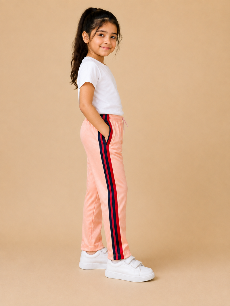 Premium Kids Lycra Trousers peach with Royal Blue ,Red,pink,Side panal Stripe p4