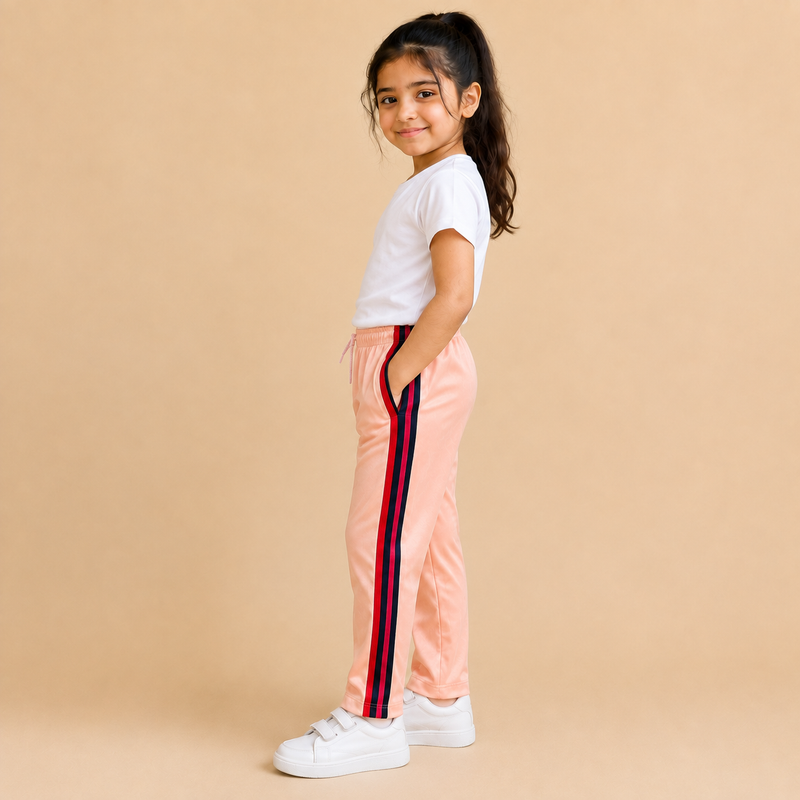 Premium Kids Lycra Trousers peach with Royal Blue ,Red,pink,Side panal Stripe p4
