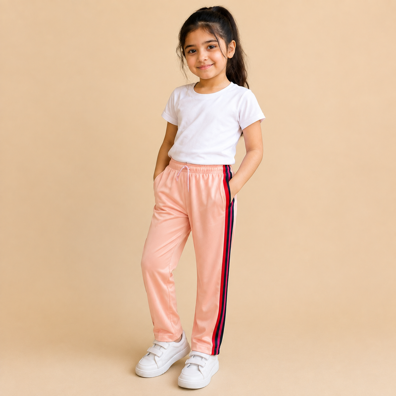Premium Kids Lycra Trousers peach with Royal Blue ,Red,pink,Side panal Stripe p4