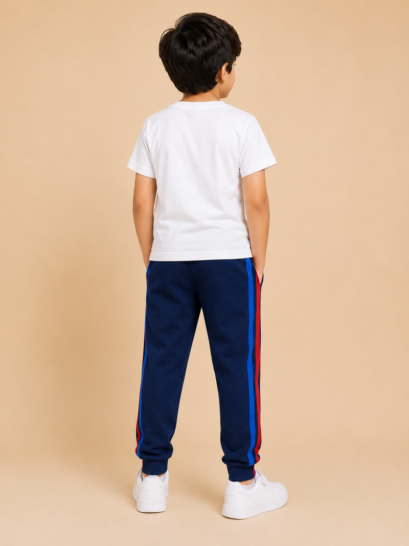Premium Kids Lycra Trousers navy with Royal Blue ,Red,pink,Side panal Stripe p2