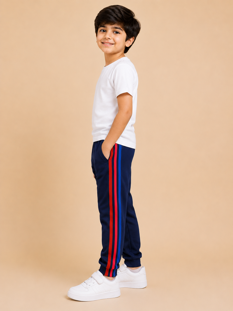 Premium Kids Lycra Trousers navy with Royal Blue ,Red,pink,Side panal Stripe p2
