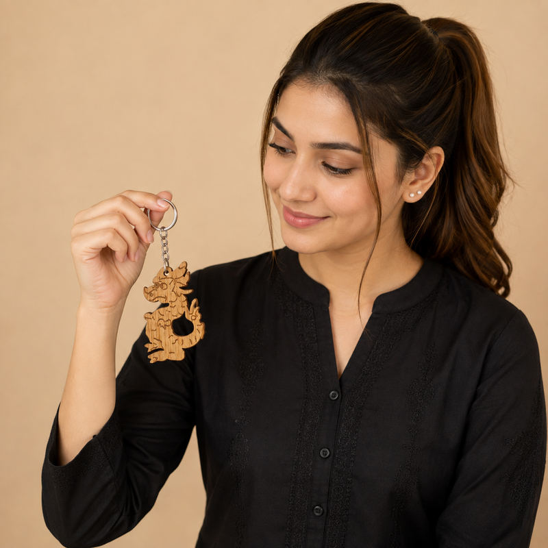 Title: Eco-Friendly Wooden Dragon Keychain – Stylish Car & Home Key Ring  .