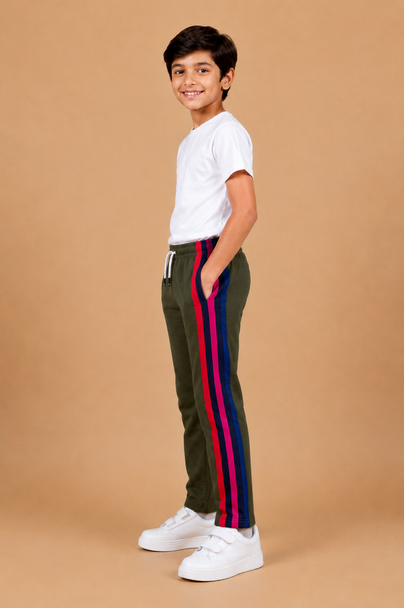 Premium Kids Lycra Trousers Dark Olive Green with Royal Blue ,Red,pink,Side panal Stripe p7