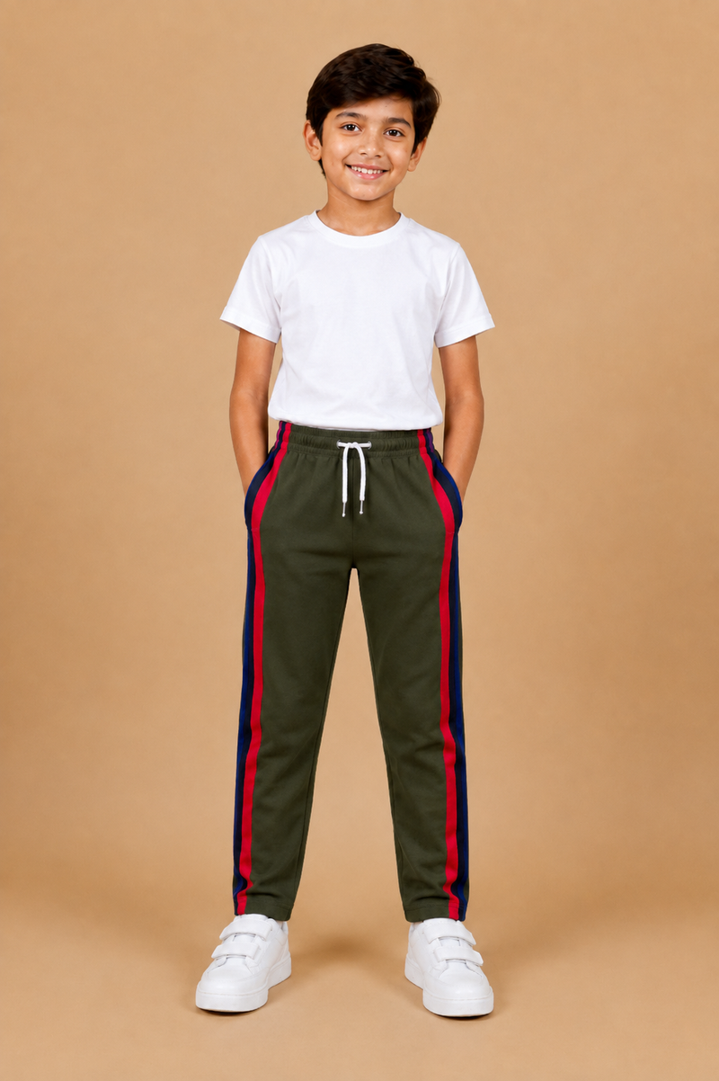 Premium Kids Lycra Trousers Dark Olive Green with Royal Blue ,Red,pink,Side panal Stripe p7