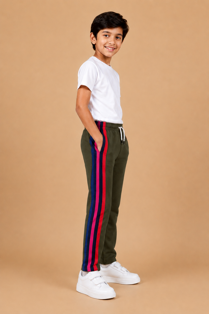 Premium Kids Lycra Trousers Dark Olive Green with Royal Blue ,Red,pink,Side panal Stripe p7