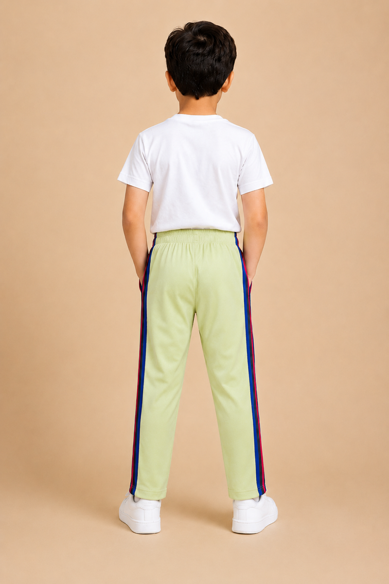 Premium Kids Lycra Trousers lime Green with Royal Blue ,Red,pink,Side panal Stripe p3