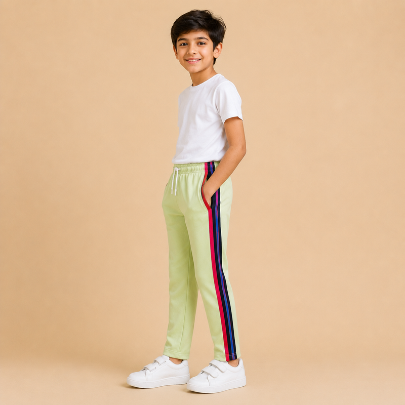 Premium Kids Lycra Trousers lime Green with Royal Blue ,Red,pink,Side panal Stripe p3
