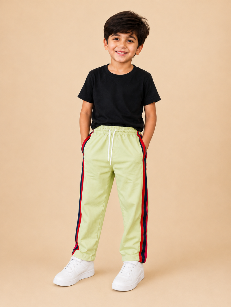 Premium Kids Lycra Trousers lime Green with Royal Blue ,Red,pink,Side panal Stripe p3