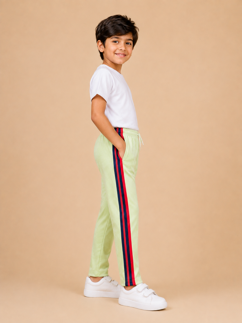 Premium Kids Lycra Trousers lime Green with Royal Blue ,Red,pink,Side panal Stripe p3