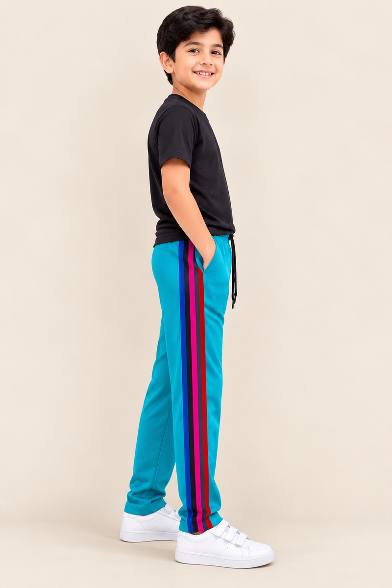 Premium Kids Lycra Trousers Turquoise with Royal Blue ,Red,pink,Side panal Stripe p5