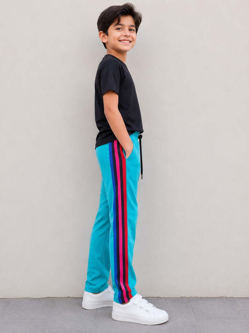 Premium Kids Lycra Trousers Turquoise with Royal Blue ,Red,pink,Side panal Stripe p5