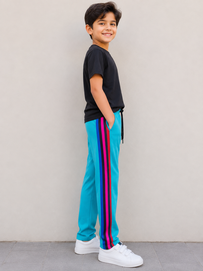 Premium Kids Lycra Trousers Turquoise with Royal Blue ,Red,pink,Side panal Stripe p5