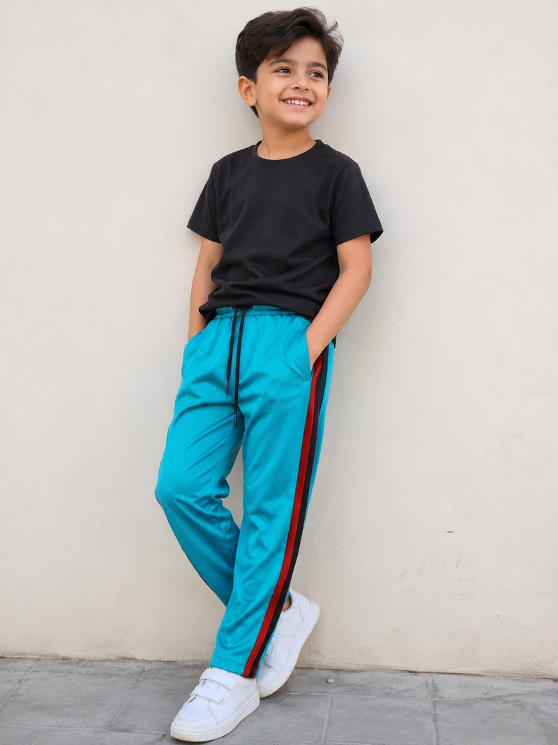 Premium Kids Lycra Trousers Turquoise with Royal Blue ,Red,pink,Side panal Stripe p5