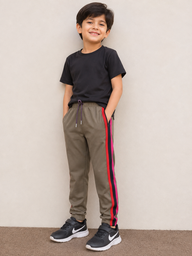 Premium Kids Lycra Trousers Olive Green with Royal Blue ,Red,pink,Side panal Stripe p6