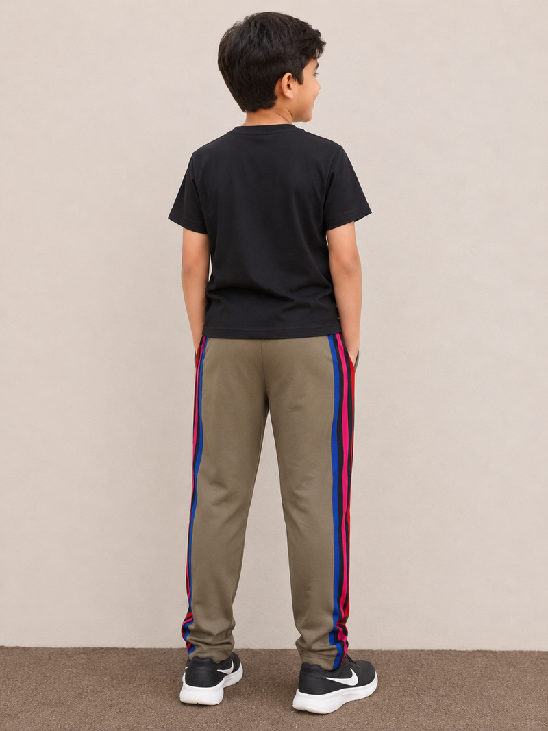 Premium Kids Lycra Trousers Olive Green with Royal Blue ,Red,pink,Side panal Stripe p6