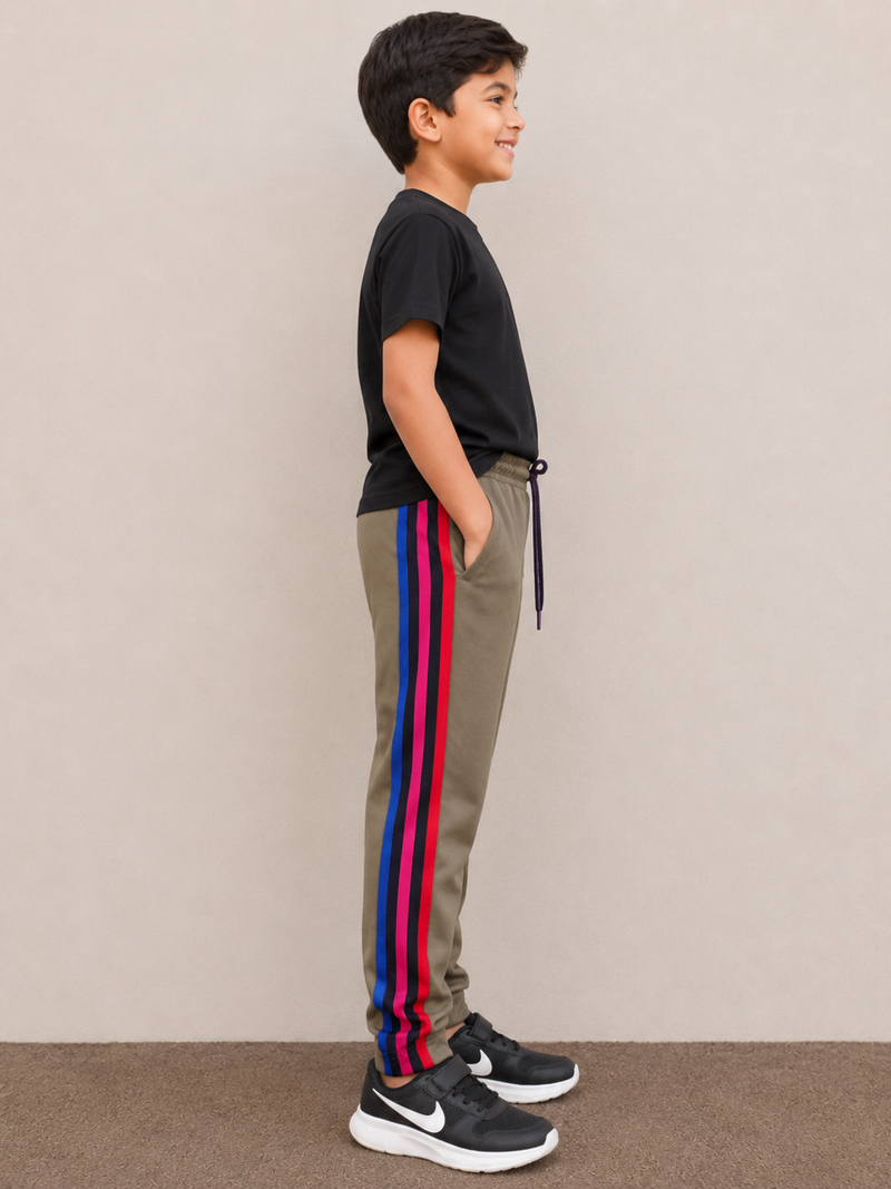 Premium Kids Lycra Trousers Olive Green with Royal Blue ,Red,pink,Side panal Stripe p6