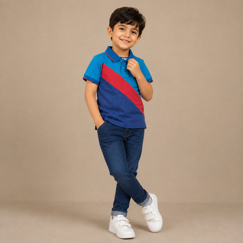 Title: Kids Color Block Polo T-Shirt – Blue & Red