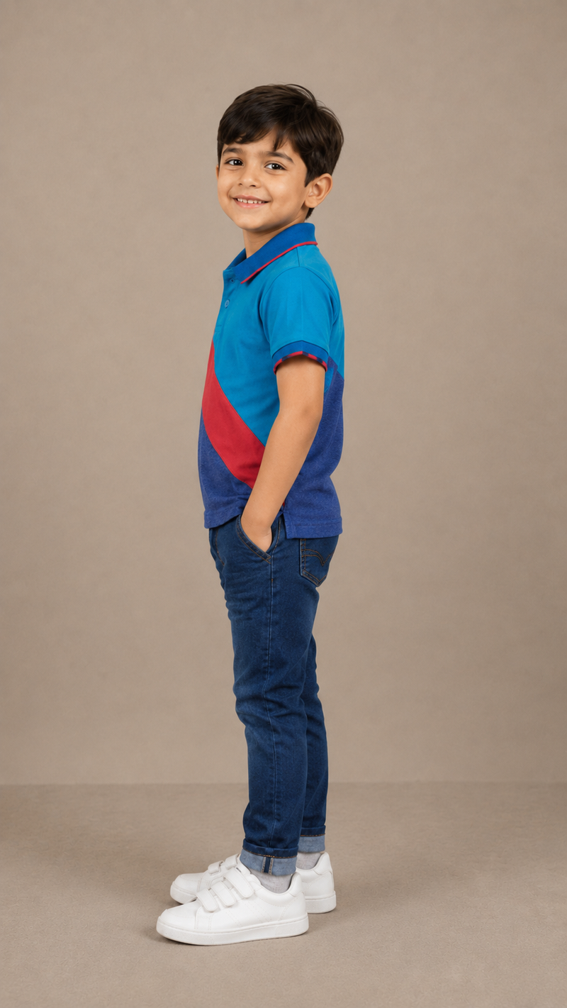 Title: Kids Color Block Polo T-Shirt – Blue & Red