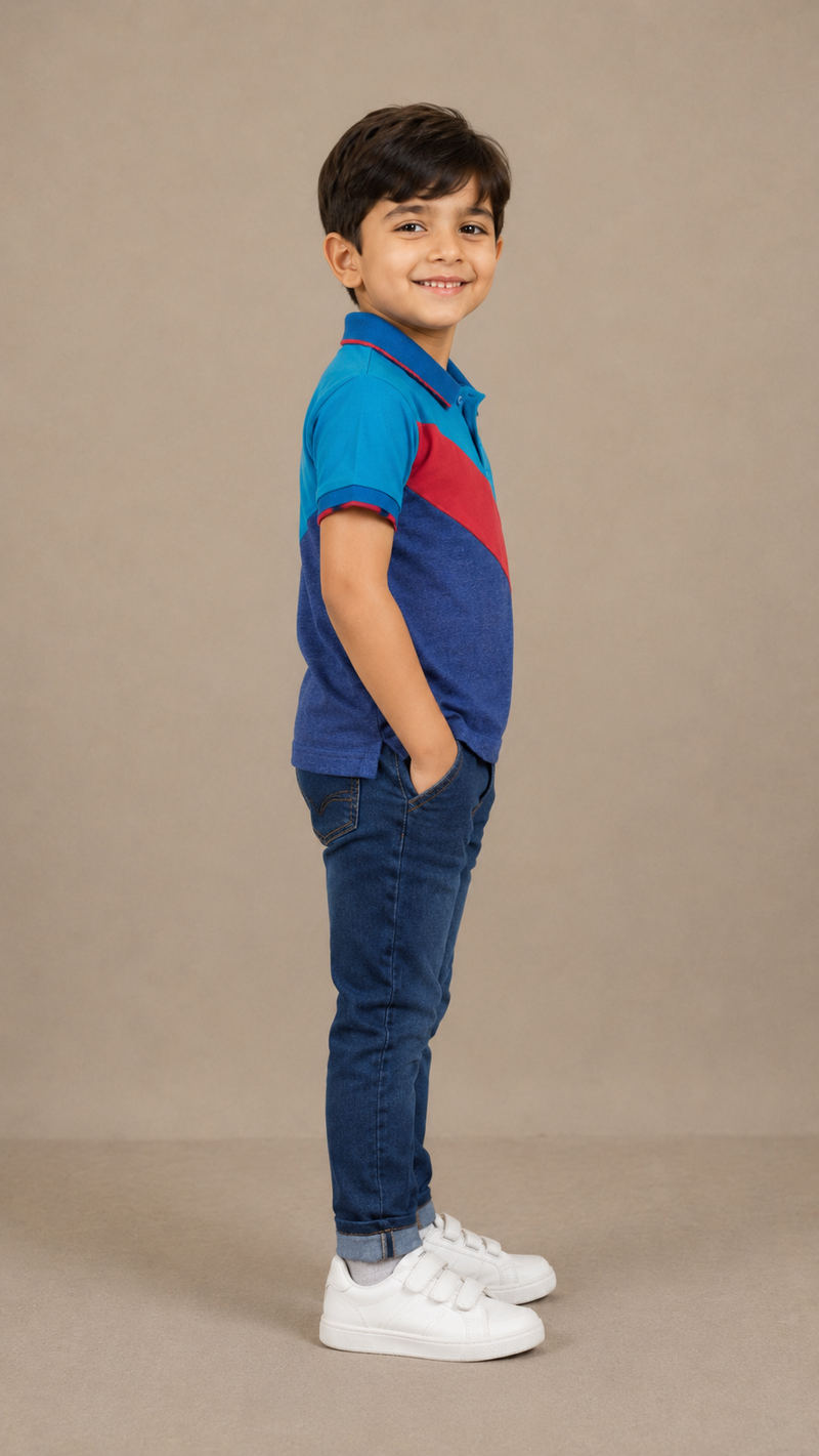 Title: Kids Color Block Polo T-Shirt – Blue & Red