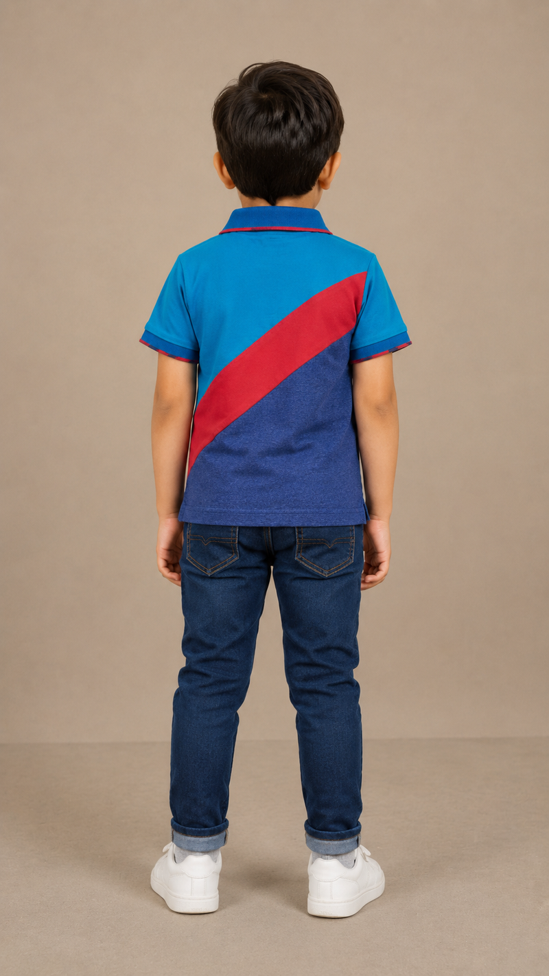 Title: Kids Color Block Polo T-Shirt – Blue & Red