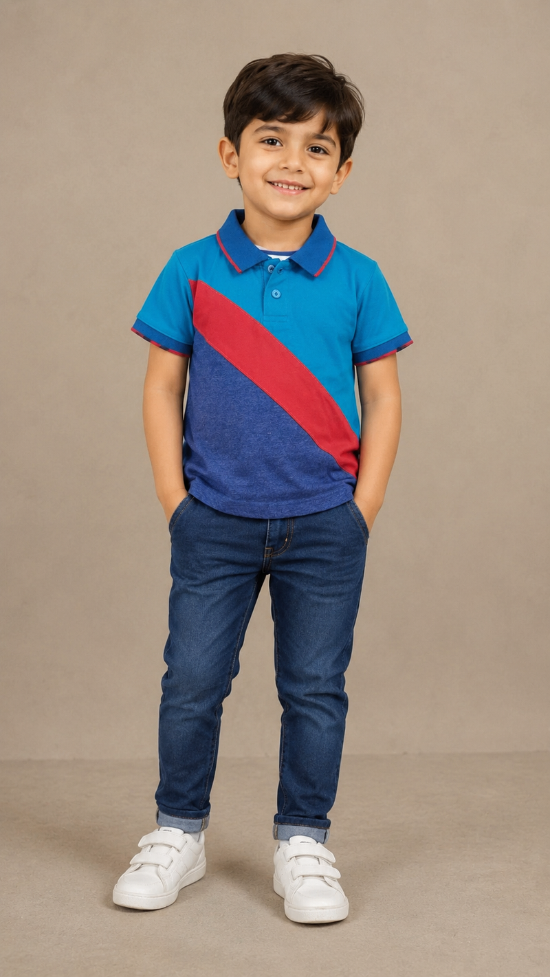Title: Kids Color Block Polo T-Shirt – Blue & Red