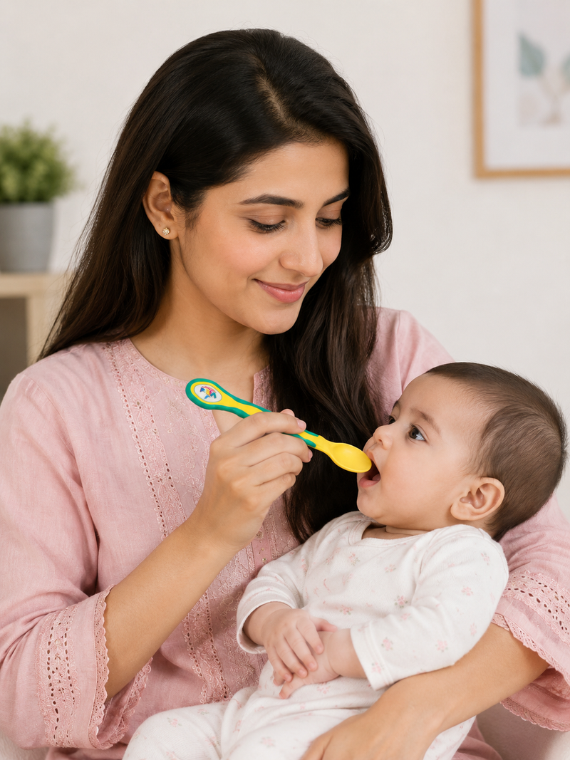 Kids Baby Feeding Spoon with Easy Grip Handle – Yellow & Green