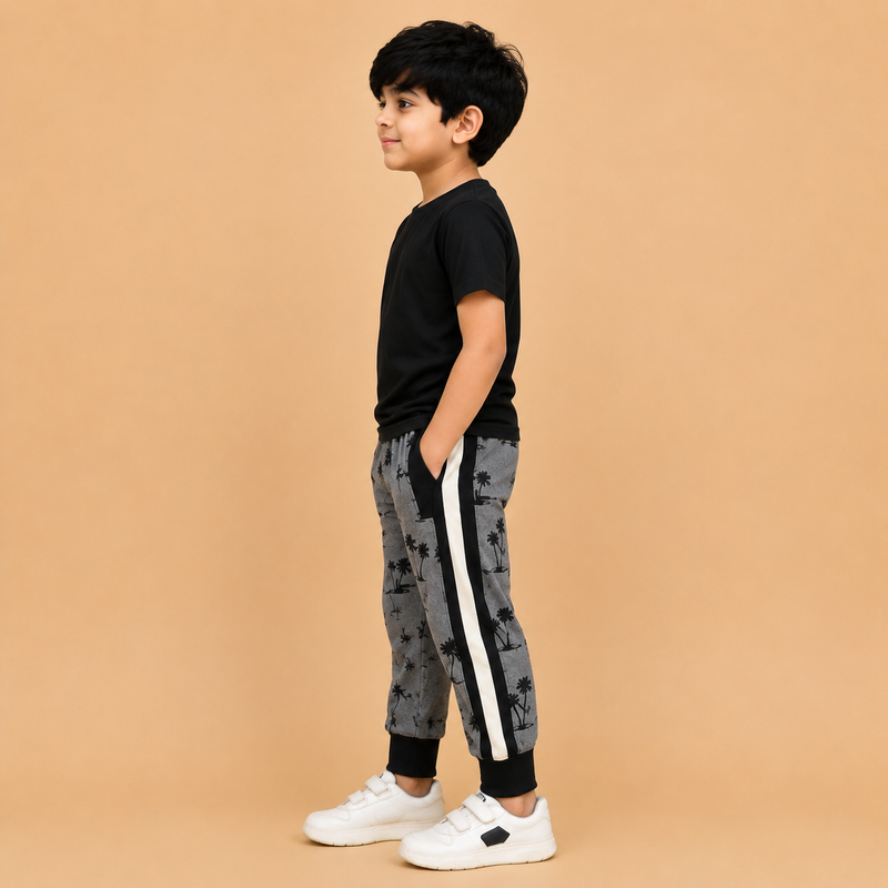 Kids Printed Jogger Pants with Side Stripe – Grey & Black