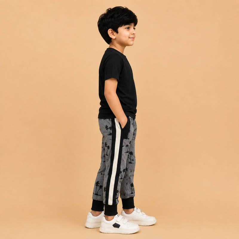 Kids Printed Jogger Pants with Side Stripe – Grey & Black