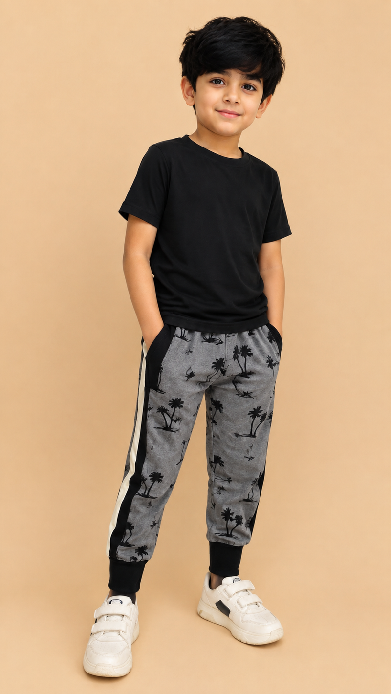 Kids Printed Jogger Pants with Side Stripe – Grey & Black