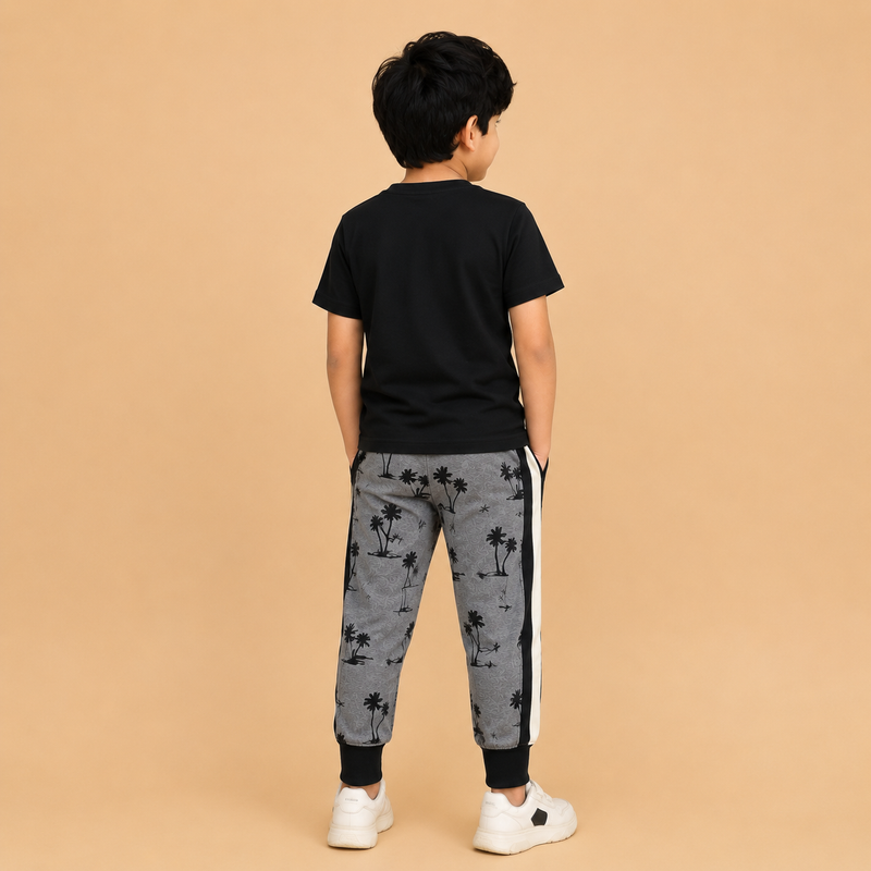 Kids Printed Jogger Pants with Side Stripe – Grey & Black