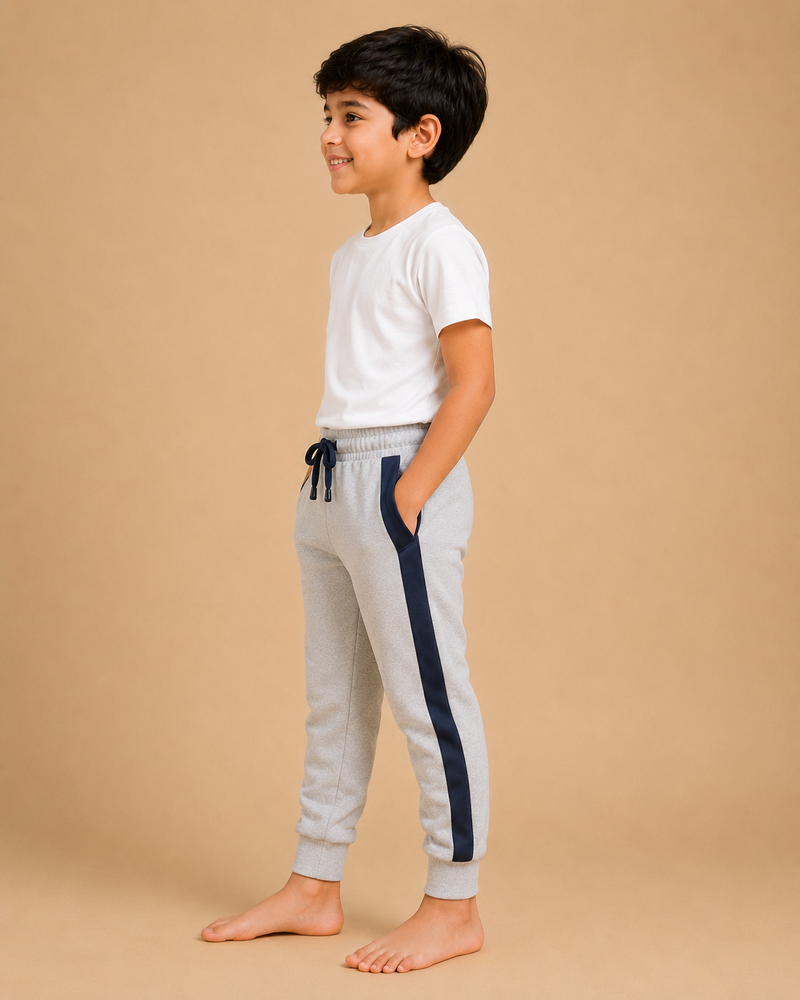 : Kids Grey Jogger Pants with Navy Side Stripe – Casual Sports Trouser