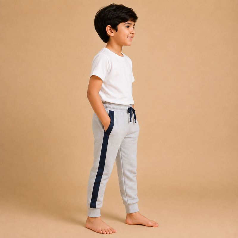 : Kids Grey Jogger Pants with Navy Side Stripe – Casual Sports Trouser