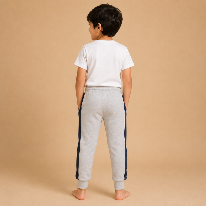 : Kids Grey Jogger Pants with Navy Side Stripe – Casual Sports Trouser