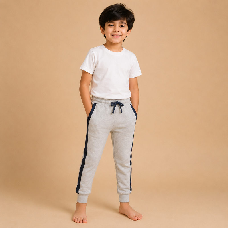 : Kids Grey Jogger Pants with Navy Side Stripe – Casual Sports Trouser