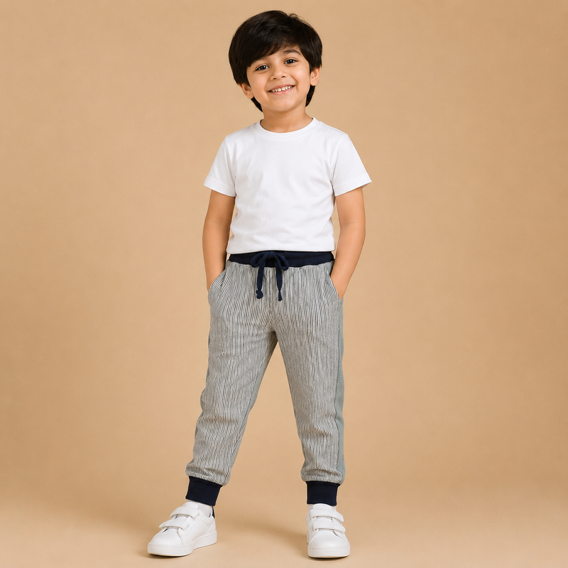 Kids Striped Jogger Pants – Grey & Navy