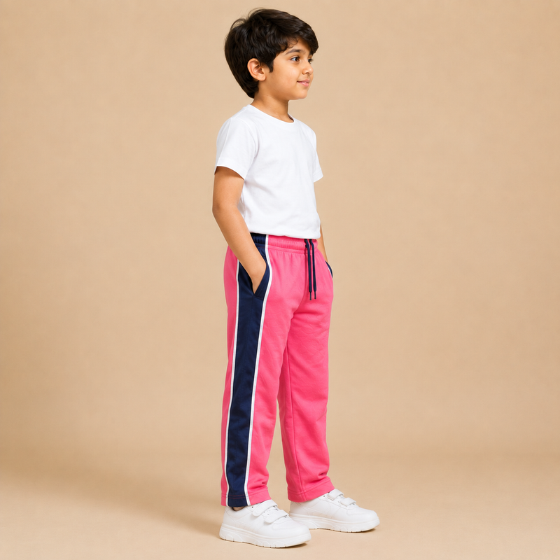 Kids Pink Track Pants with Navy Side Stripe TH10