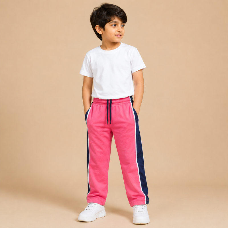 Kids Pink Track Pants with Navy Side Stripe TH10