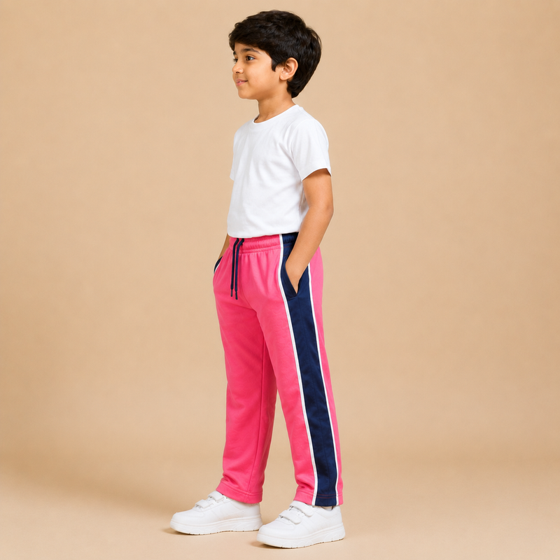Kids Pink Track Pants with Navy Side Stripe TH10