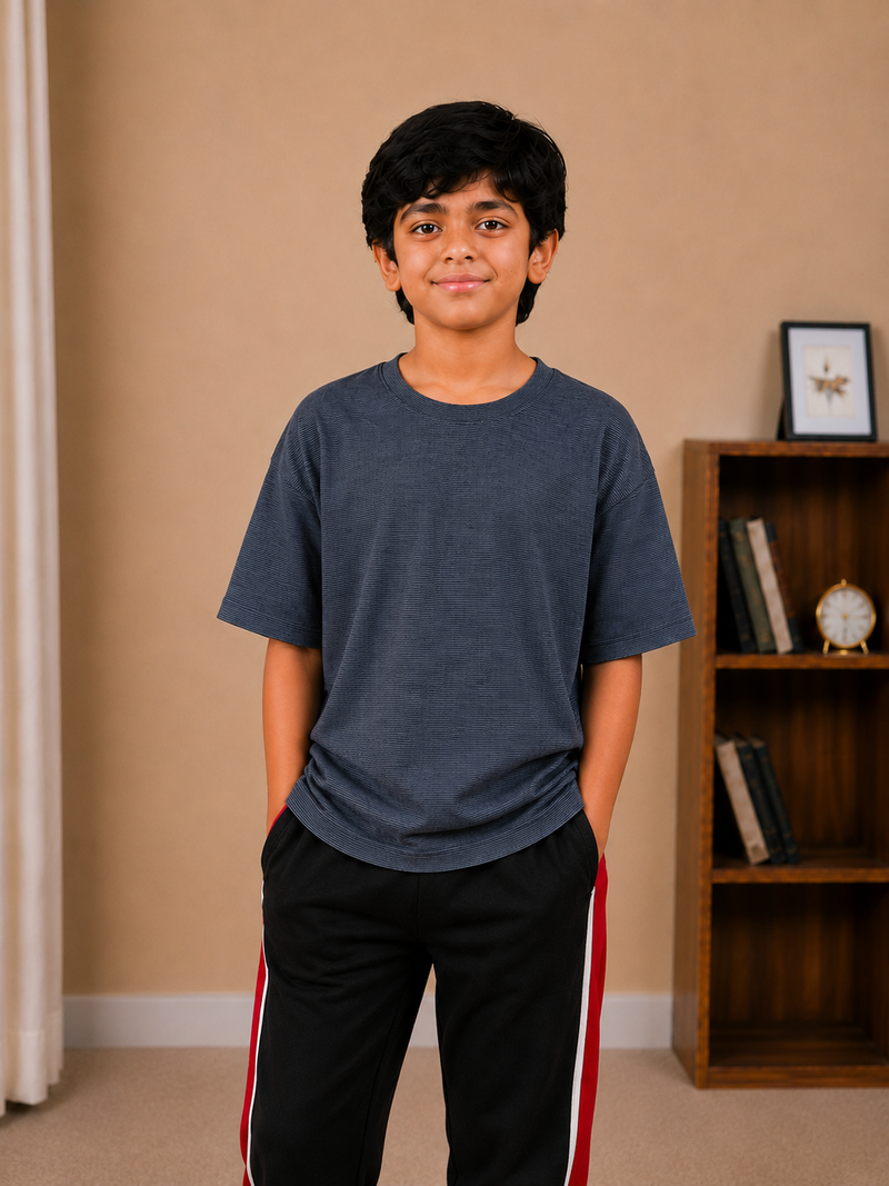 Kids Oversized Drop Shoulder Textured T-Shirt – Charcoal Grey