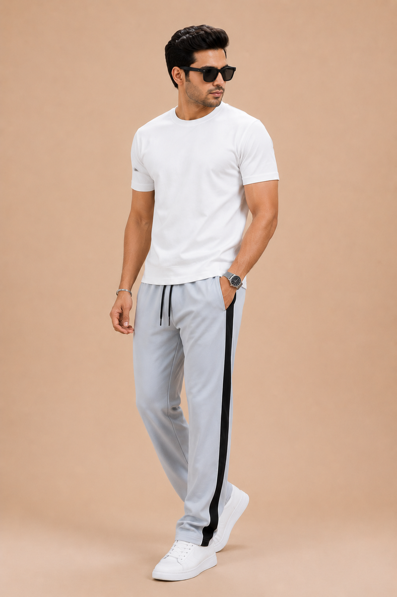 Stylish Regular Fit Summer Trouser For Men-Silver With Navy & White Stripers-A09