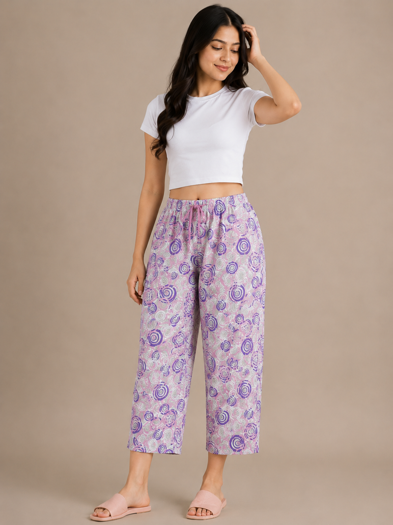 Women's Printed Cotton Palazzo Pants – Lavender Floral Lounge Trousers