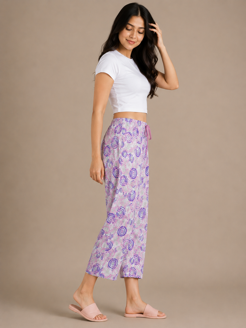 Women's Printed Cotton Palazzo Pants – Lavender Floral Lounge Trousers