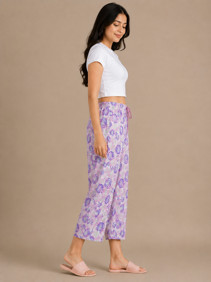 Women's Printed Cotton Palazzo Pants – Lavender Floral Lounge Trousers
