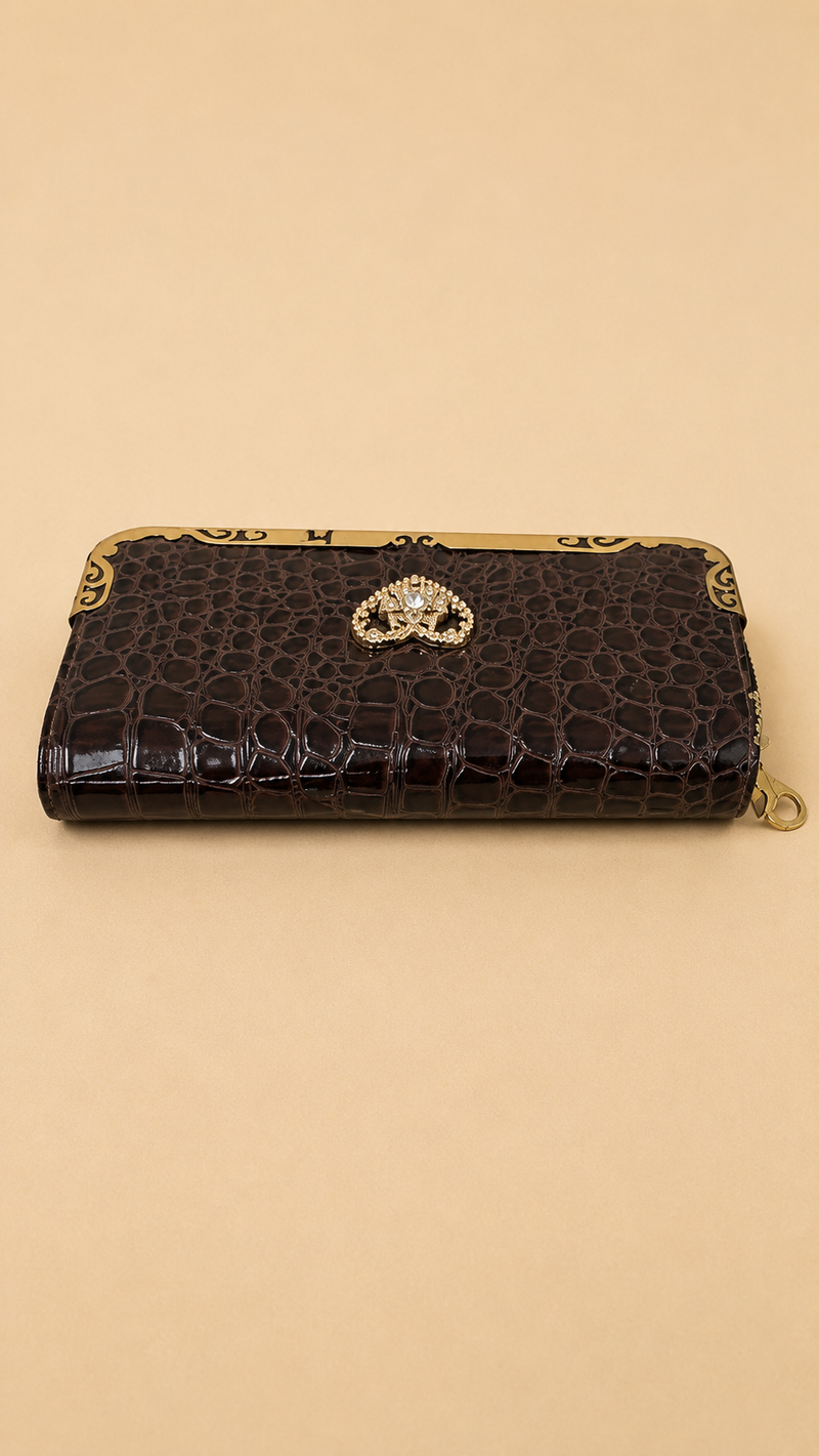 Women's Luxury Brown Crocodile Pattern Wallet – Long Zip Clutch Purse with Card Holder