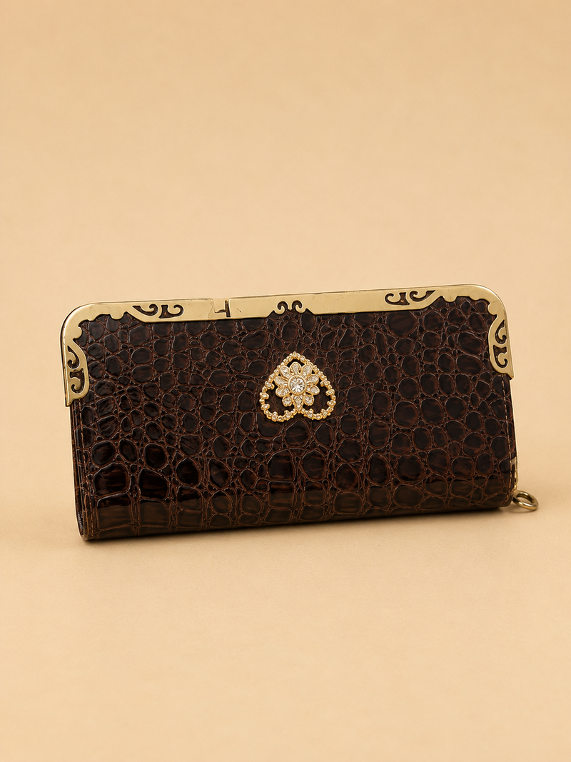 Women's Luxury Brown Crocodile Pattern Wallet – Long Zip Clutch Purse with Card Holder