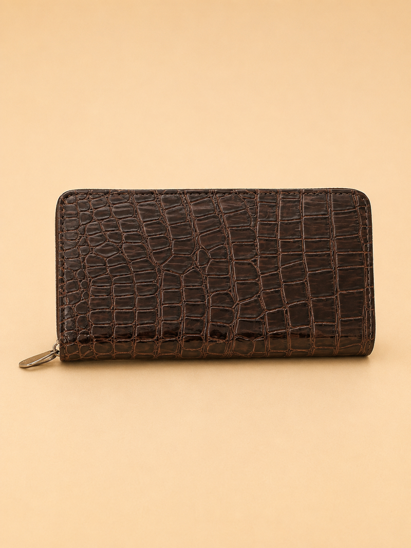 Women's Luxury Brown Crocodile Pattern Wallet – Long Zip Clutch Purse with Card Holder