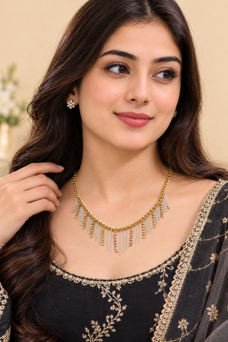 Women's Gold & Silver Fringe Chain Necklace – Fashion Statement Tassel Choker Necklace